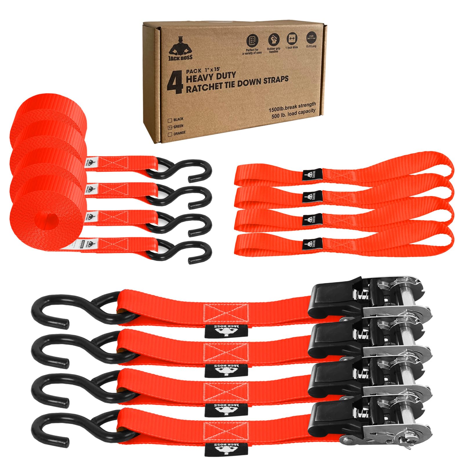 Jack Boss Ratchet Tie Down Straps Set,1500 Lbs Break Strength,1" X 15' Heavy Duty
