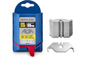 Berkling Utility Hook Razor Blades 50 PCS With Dispenser, SK2H Laser Sharpened Hardened, Ultra 3X Sharper and 5X Durable, Heavy Duty Replacement Blades for Carpet, Roofing Blade Knife, Box Cutter