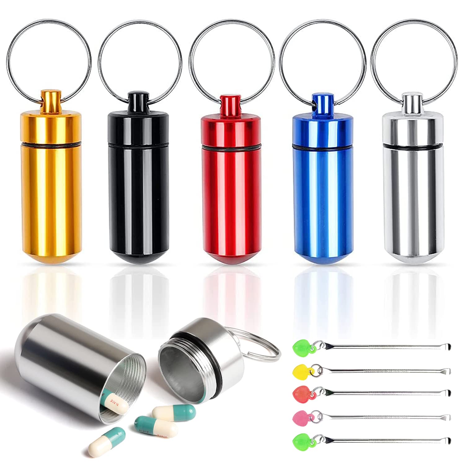 5 Pcs Aluminum Pill Box Portable Pill Organiser Mini Pill Container Waterproof Pill Holder Pocket Pill Case Travel Medication Organizer for Outdoor Travel Camping (5 Colors)