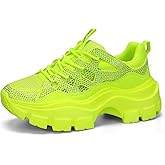 LUCKY STEP Women Chunky Platform Dad Colorblock White Neon Green Fuchsia Hologram Silver Casual Lace-Up Walking Sneakers