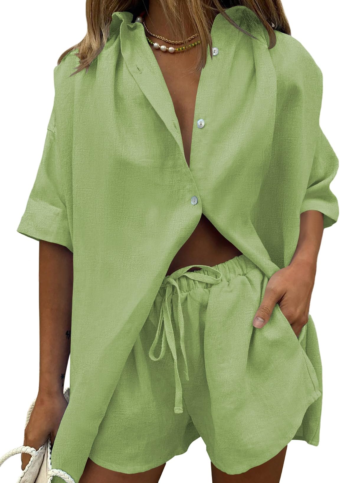 Photo 1 of Fixmatti Women 2 Piece Tracksuit Casual Outfits Button Down Shirt Cardigan Top + Elastic Waist Shorts Set Green M