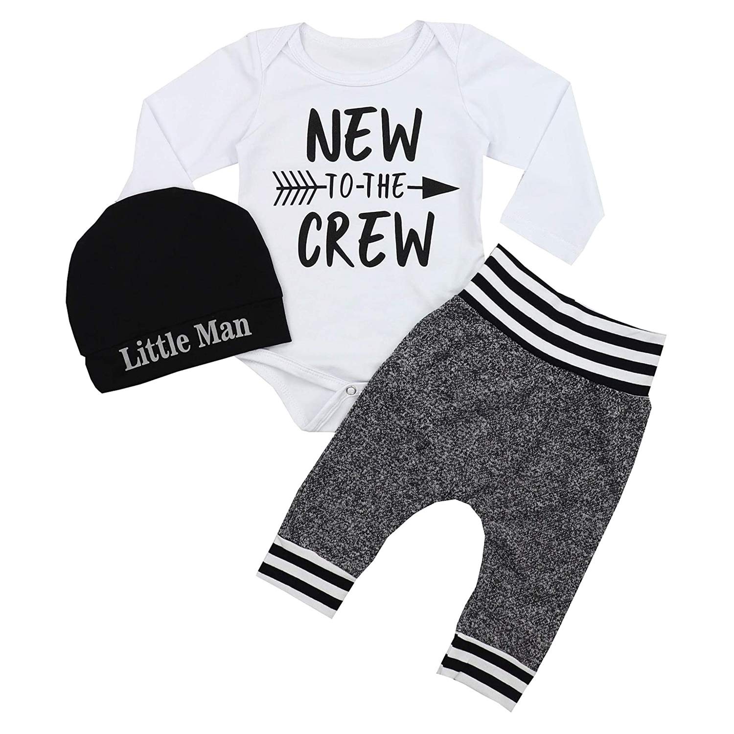 Fommy Newborn Baby Boy Clothes New to The Crew Letter Print Romper+ Pants+Hat 3PCS Outfit