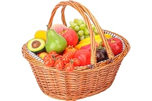 Geytetqi Large Wicker Picnic Basket with Double Folding Handles and Grey Lining, Wicker Basket, Large Willow Hamper, Handwoven Basket for Storage, Picnic, Camping