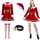 NFAUEIK 4 Pack Women Mrs Claus Costume,Velvet Santa Costume Cosplay Christmas Dress Suit Outfit