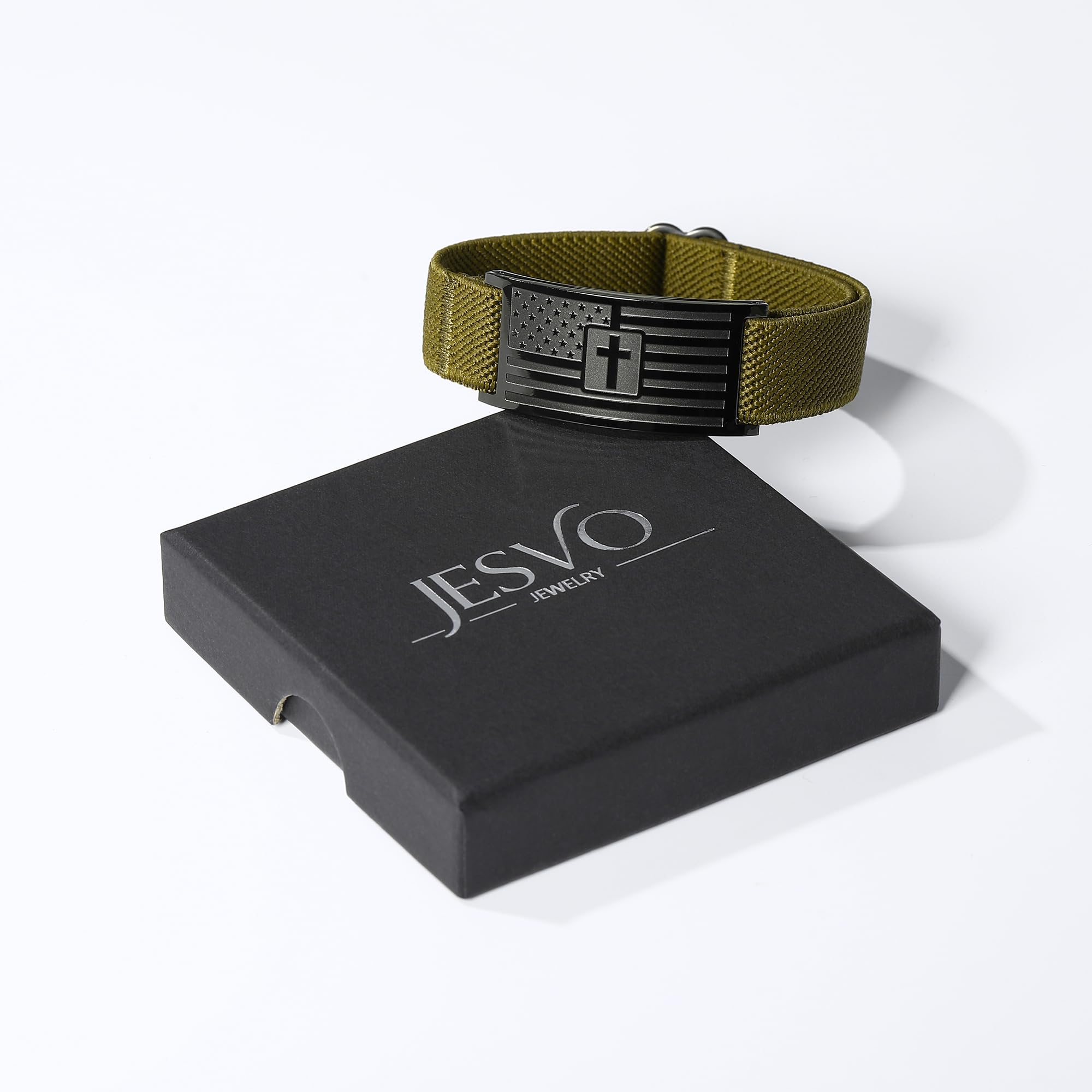 American Flag Cross Bible Verse Bracelets for Men, Military Green Elastic Stretch Strap Adjustable Jewelry Christian Religious Gifts for Teen Boys