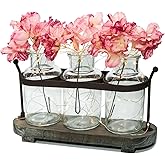 Funsoba Vase Set with Flower and LED Lights, 3 Jars with Artificial Flowers, Rustic Wood Tray, Farmhouse Table Decor