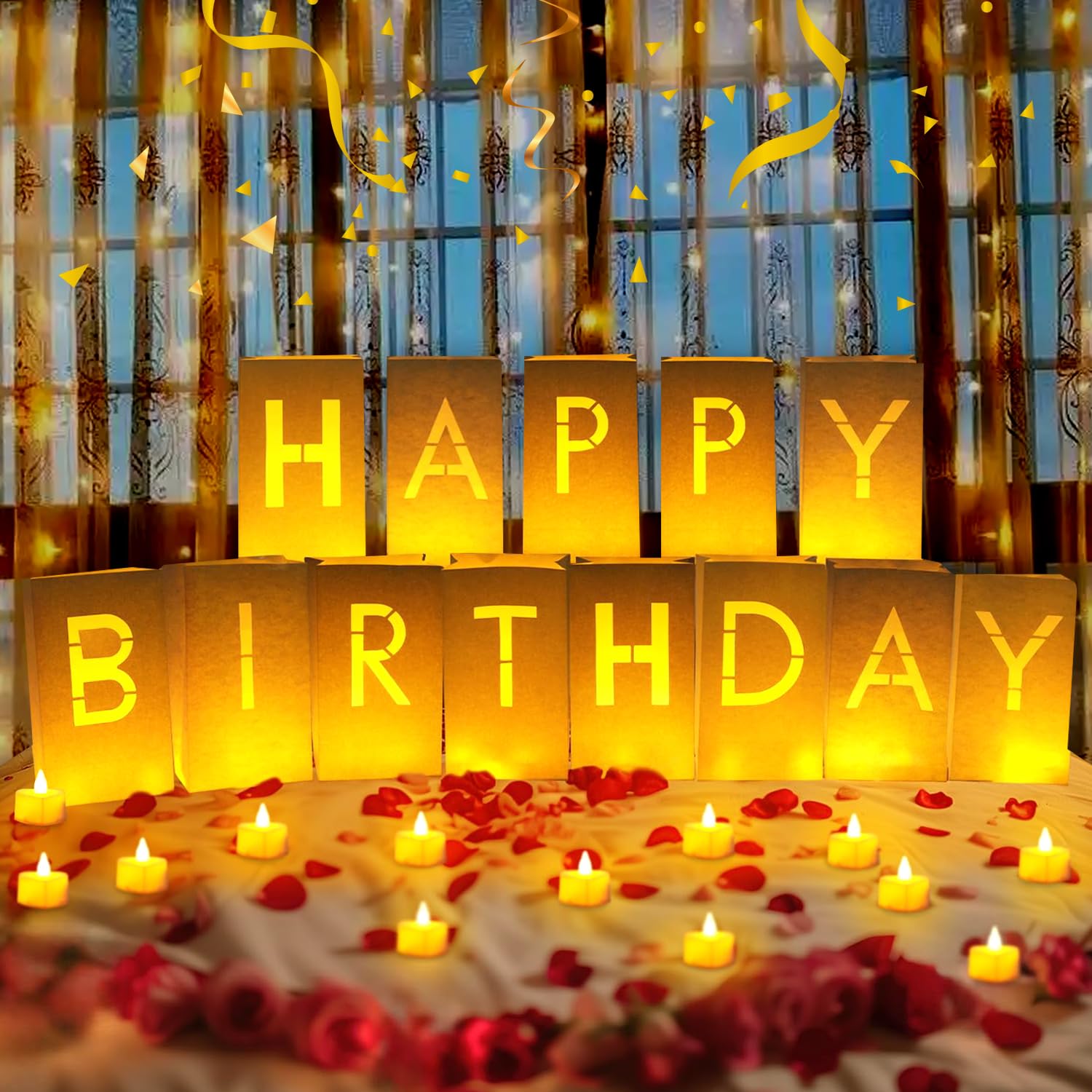 Photo 1 of ARIKJ Happy Birthday Decoration for Men Women, Light Up Letters Luminary Bags with 30PC Bright LED Candles and 2000PC Fake Rose Petals, Surprise Birthday Party Banner Signs