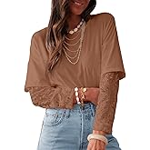 LOLONG T Shirts for Women Fall 2025 Long Sleeve Lace Patchwork Crew Neck Tops Casual Tees