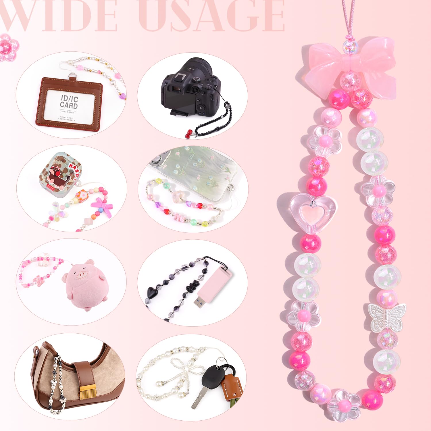 4 PCS Cute Phone Charms Aesthetic Y2K Cellphone Wrist Strap Bedazzling Bear Bow Butterfly Heart Star Flower Accessories Pink Phone Charm Beaded Anti-Theft Chain String for Bag Keychain Airpods Decor