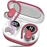 Wireless Earbuds, Headphones Sport Bluetooth 5.4, Over Ear Buds with ENC Noise Canceling Mic, Deep Bass Stereo Earphones with Hook, 50H Playback, LED Display, IP7 Ear Buds for Workout Running, Red