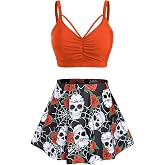Rosegal Women Plus Size Gothic Tankini Swimsuit Rose Skulls Printed Ruched Two Piece Bathing Suits