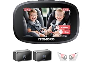Itomoro Wireless Dual Baby Car Camera for 2 Kids, 5'' Rechargeable Split Screen HD Display with 2 Cameras, Car Monitor for Baby Max Range 1000FT, IR Night Vision, 360° Rotatable Rear Facing Mirrors