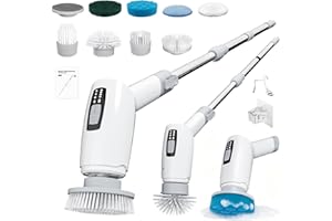Cleangor Electric Spin Scrubber, Cordless Cleaning Brush Shower Scrubber with 9 Replaceable Brush Heads 3 Speeds Extension Handle for Bathroom, Shower, Bathtub, Floor, Tile, Kitchen, Pool (1, White)