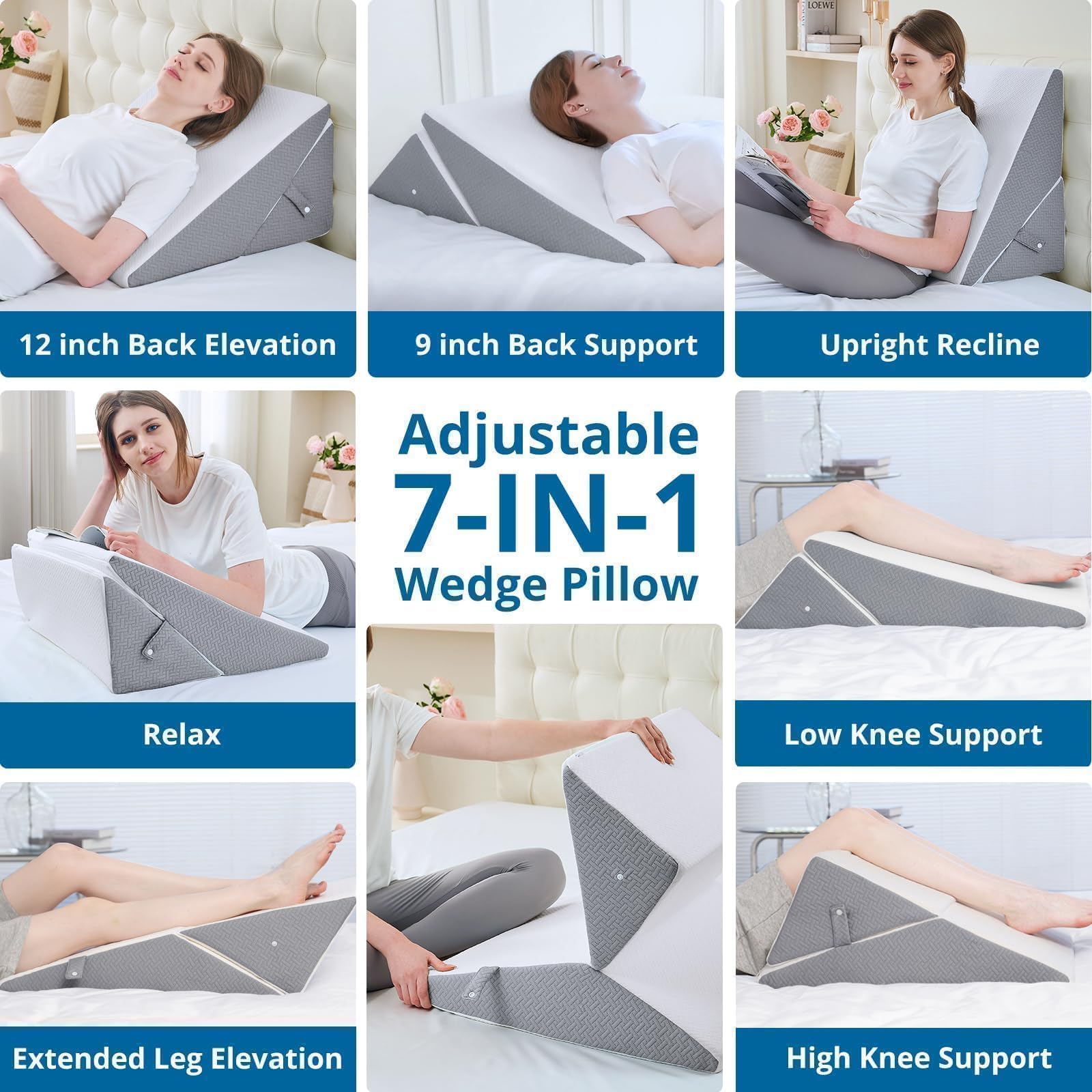 Sasttie Wedge Pillow for After Surgery, Adjustable Memory Foam Bed Wedge Pillow Headboard for Sleeping, Acid Reflux, Surgery Recovery, Neck & Back Support, White and Dark Grey