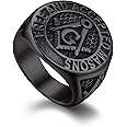 Bandmax Masonic Rings for Men, Stainless Steel Square/Round Shape Mens Signet Rings, Steel/Gold/Black Freemason Symbol Ring Size 7-14 Masonic Jewelry Gift