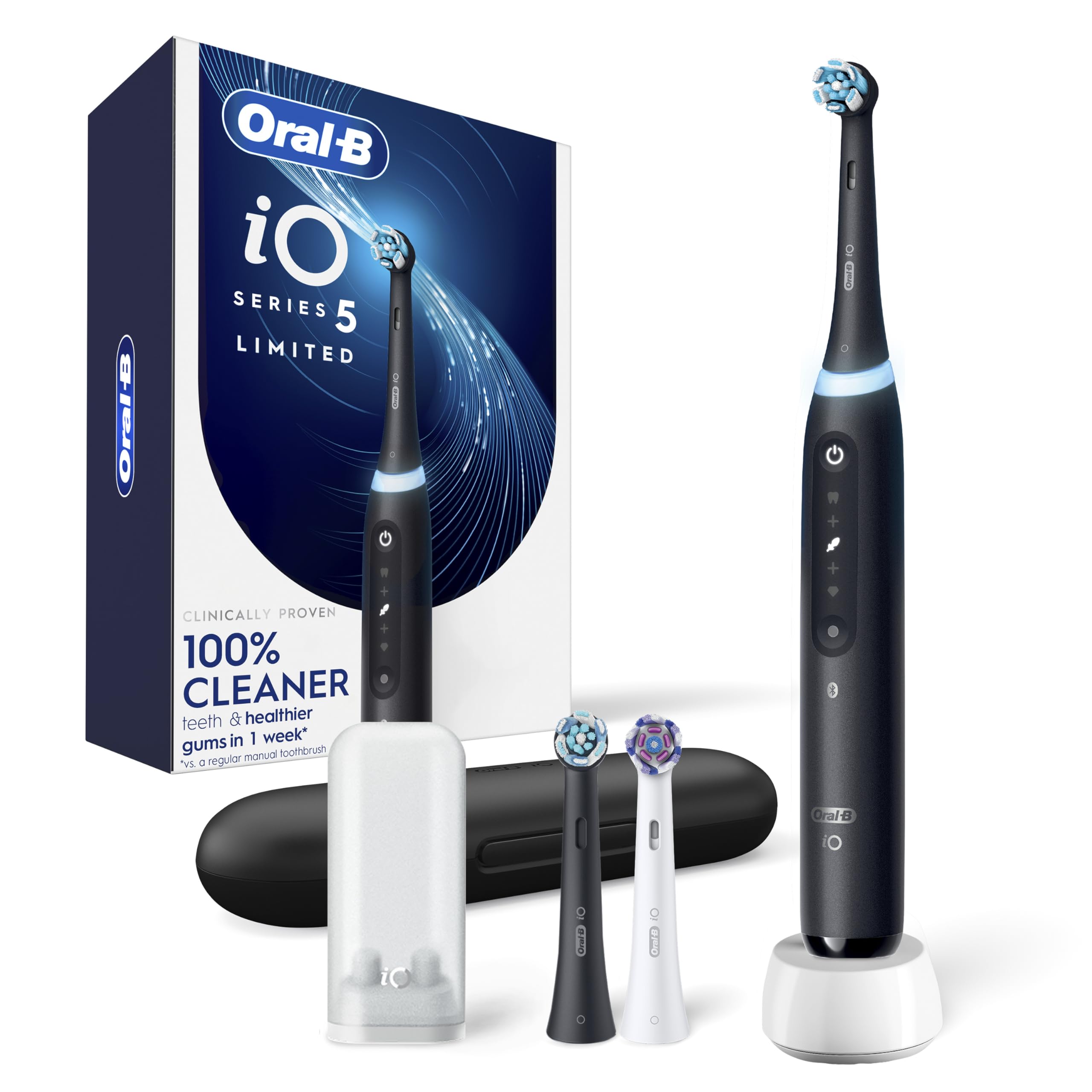 Photo 1 of Oral-B iO Deep Clean + Whiten Rechargeable Electric Toothbrush with Visible Pressure Sensor, 2 Minute Timer, 5 Cleaning Settings, 1 iO5 Limited, 3 Toothbrush Heads, Travel Case & Refill Holder, Black