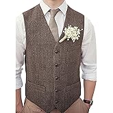 Teukuire Men's V-Neck Suit Vests Slim Fit Casual Business Formal Herringbone Tweed Wool Waistcoat Wedding Groomsmen Suit Vest