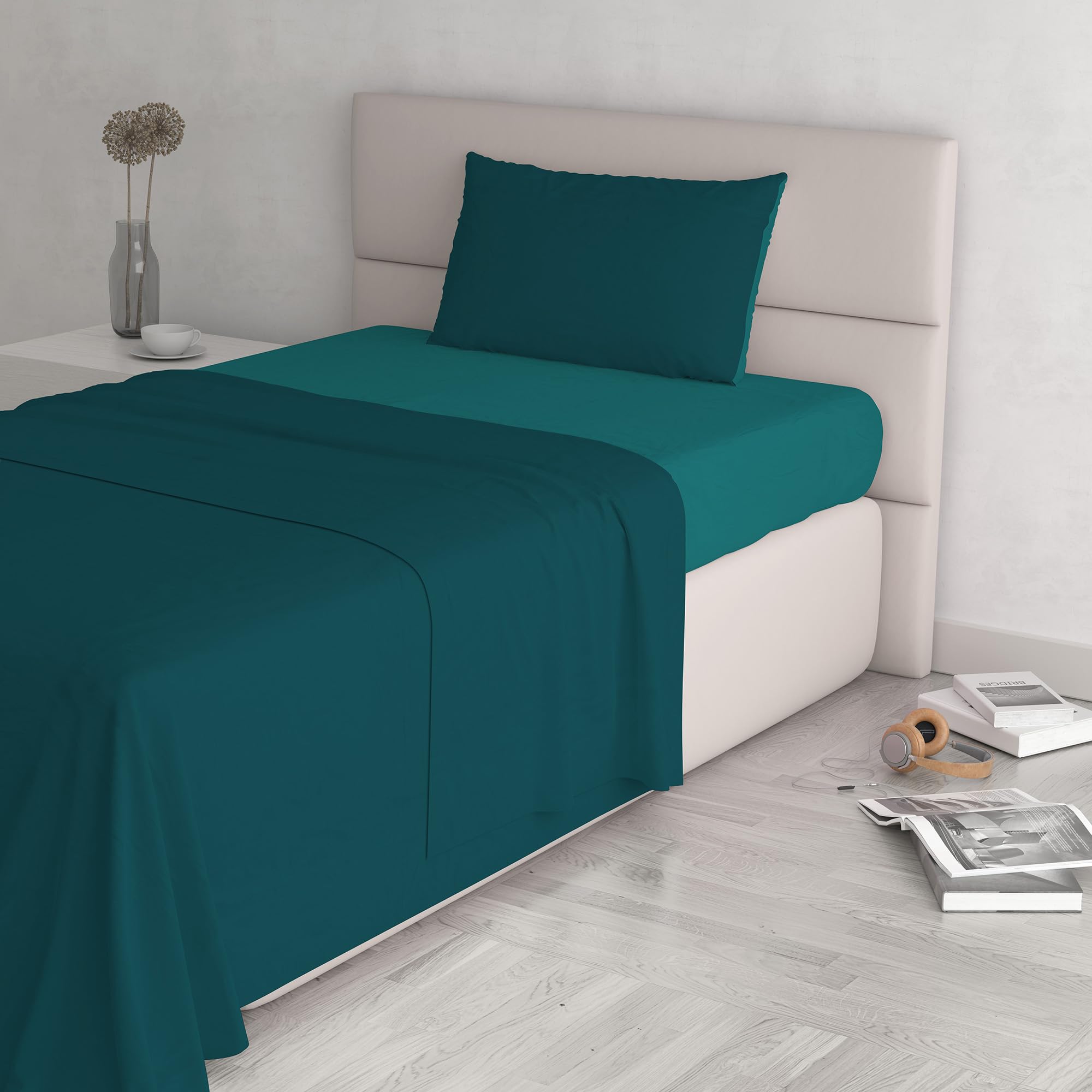 Italian Bed Linen Natural Color Bed Set (Flat 150x300, Fitted Sheet 90x200cm+Pillowcase 52x82cm), Petrol Bottle Green, 100% Cotton, SINGLE