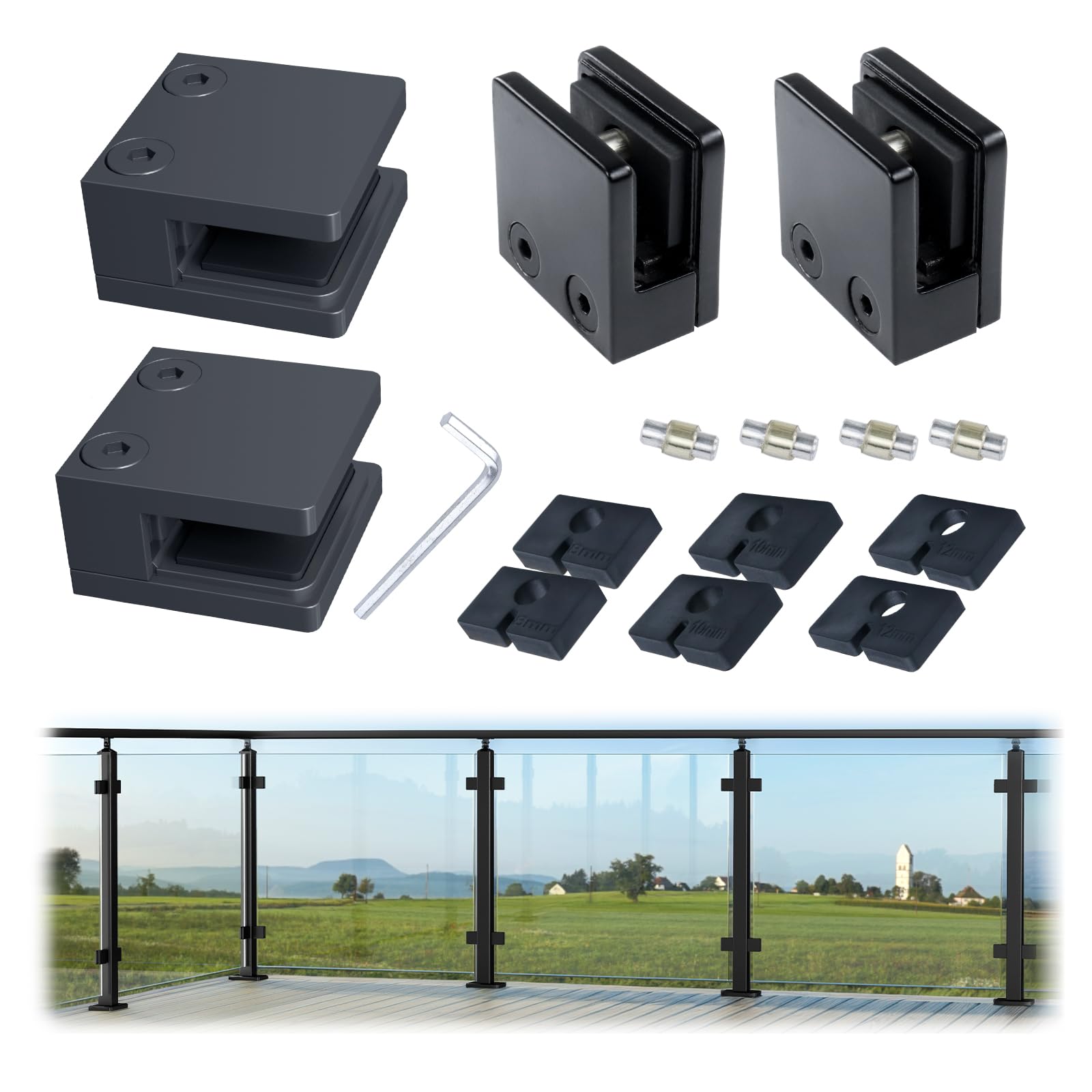 Muzata 4Pack Black Glass Clamp for Glass Thickness 5/16"-1/2"(8mm-12mm) Stainless Steel Heavy Duty 1 3/4" x 1 3/4" Square Glass Railing Clamp Glass Balustrade Post, GA04 BP4
