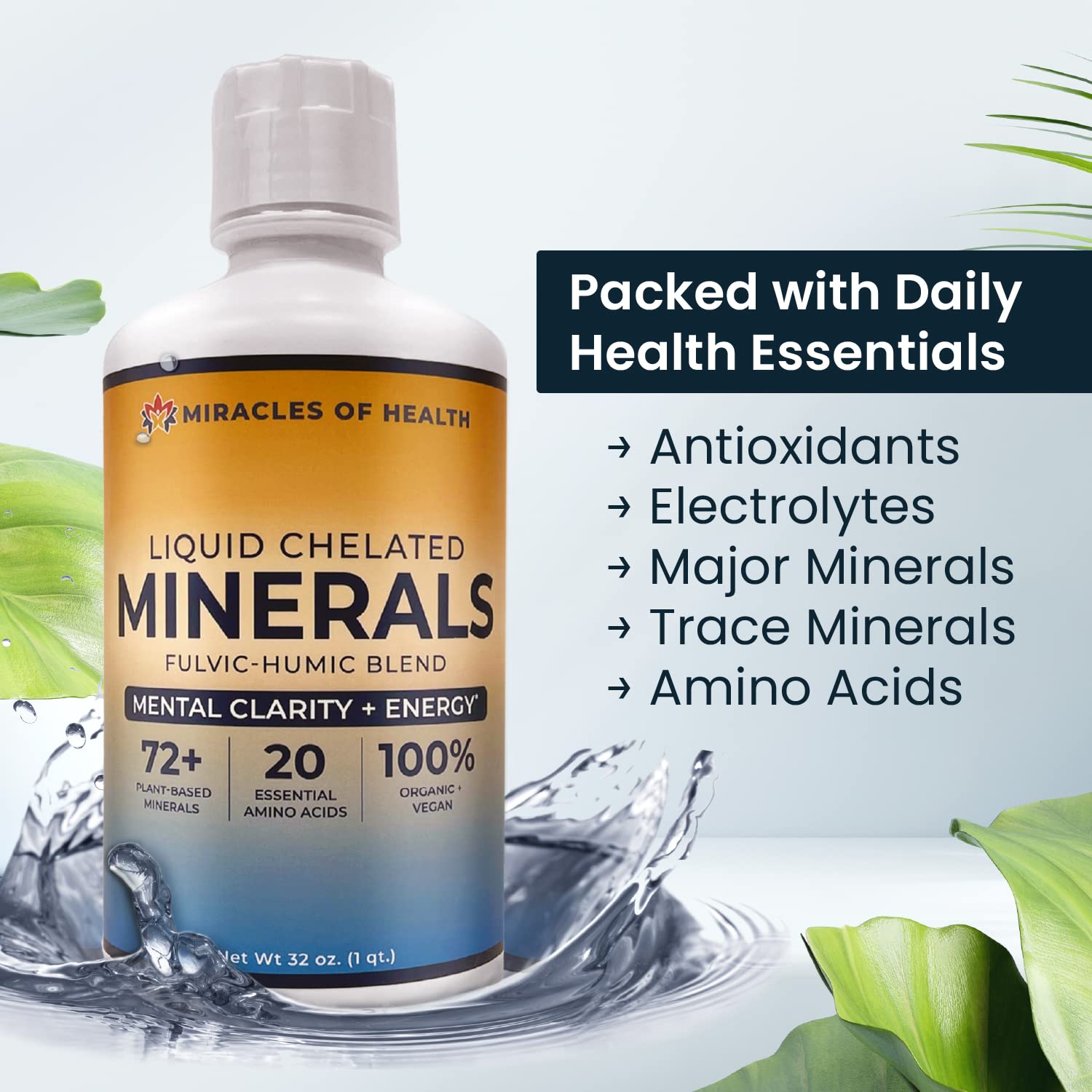 Miracles of Health Liquid Chelated Minerals - Organic Humic Fulvic Mineral Blend - 72+ Plant-Based Minerals, 20 Essential Amino Acids - 100% Natural - 1 Month Supply, 32 fl. oz