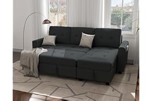 Ucloveria Sectional Sofa Couch, Sleeper Sofa Bed with Reversible Storage Chaise Pull Out Couch Bed for Living Room L-Shape Lounge 2 in 1 Futon Sofa with Side Storage Bag, Black