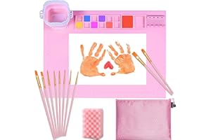 RIOMH Silicone Craft Mat with 10 Paint Brushes, 20" x 16" Silicone Painting Mat with Cleaning Cup, Compartments for Resin Casting, Painting, Clay, Play Doh, Home Craft (Pink)
