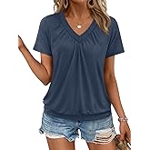 AUTOMET Womens Tops Short Sleeve V Neck T Shirts 2026 Spring Summer Beach Vacation Clothes Casual Loose Ruched Top