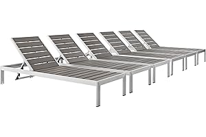 Modway Shore Aluminum Outdoor Patio Poolside Six Chaise Lounge Chairs in Silver Gray