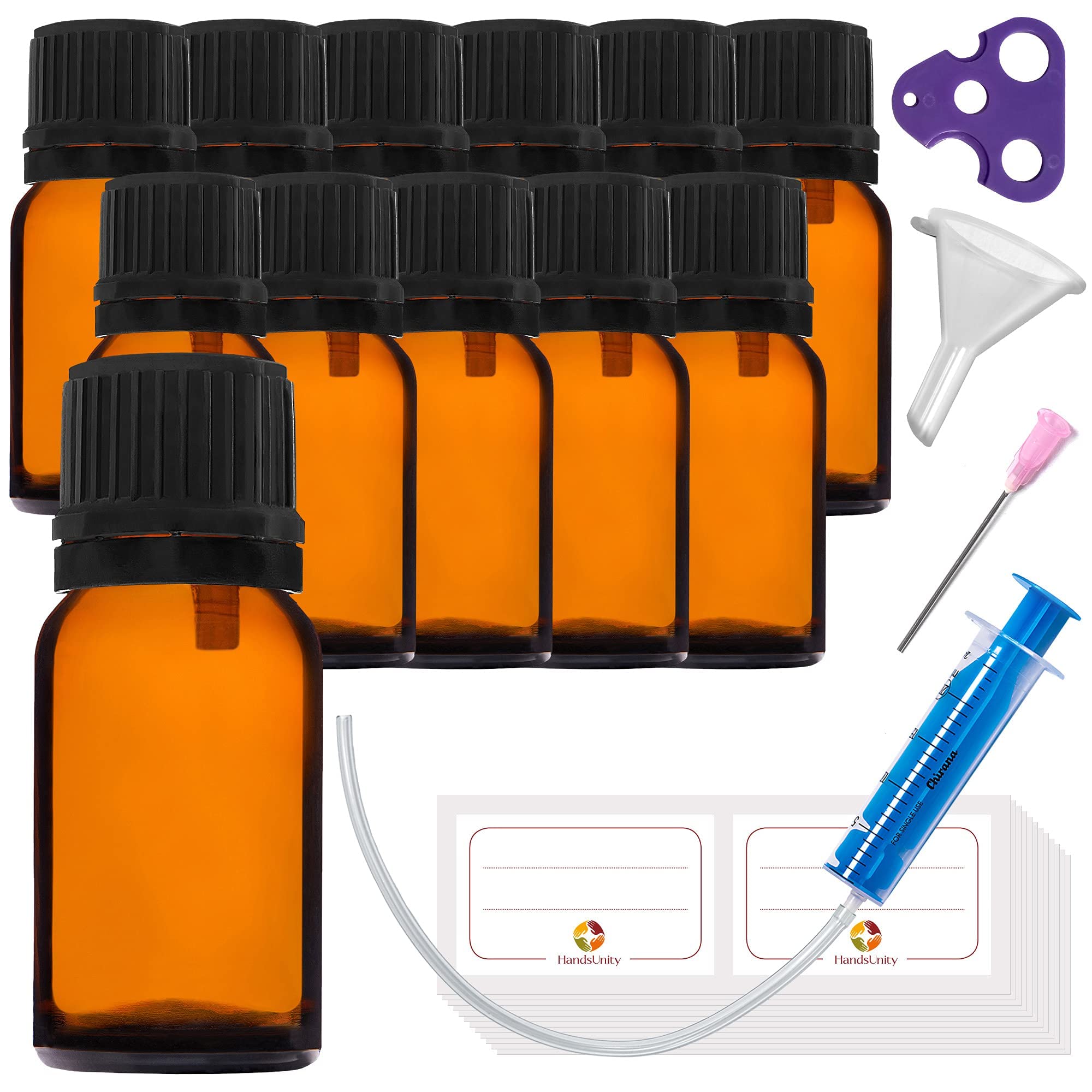 HandsUnity 10ml-12pcs Dropper Insert Bottle Small Amber Glass Bottle – Apothecary Glass with Black Dropper Insert Cap made of Brown Glass set including 30 auxiliary Accessories