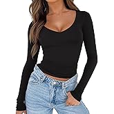 REORIA Women's V Neck Long Sleeve Slim Fitted Soft Layering Basic Shirt 2025 Fall Going Out Tops