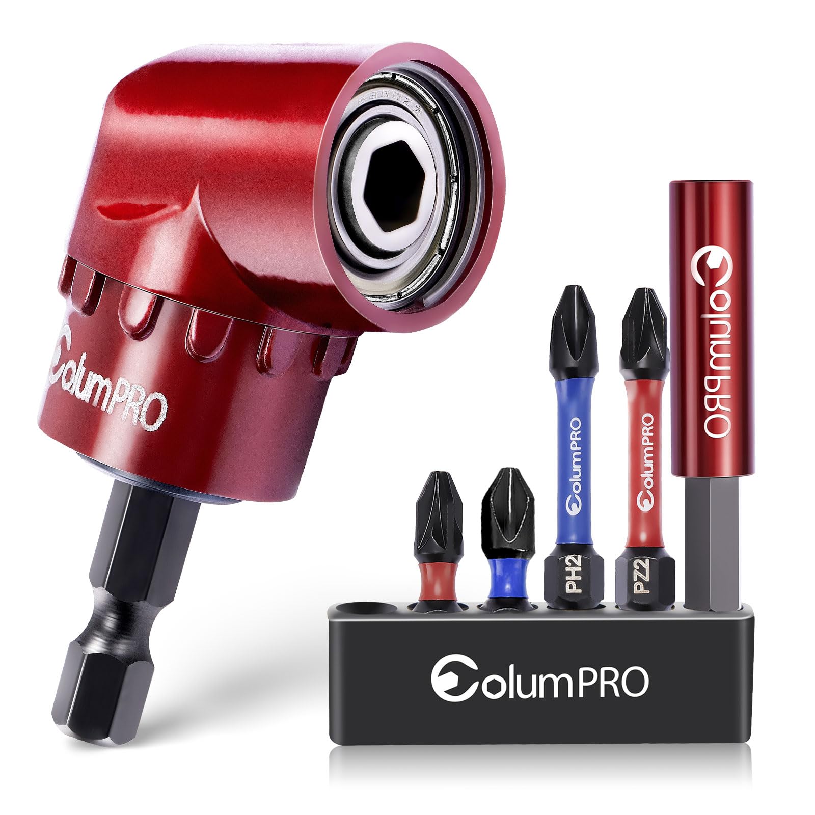 Photo 1 of ColumPRO 105 Degree Right Angle Drill Screwdriver Bit Set, 1/4” Hex Shank Right Angle Drill Attachment with 4PCS PZ2 & PH2 Screwdriver bits and bit holder