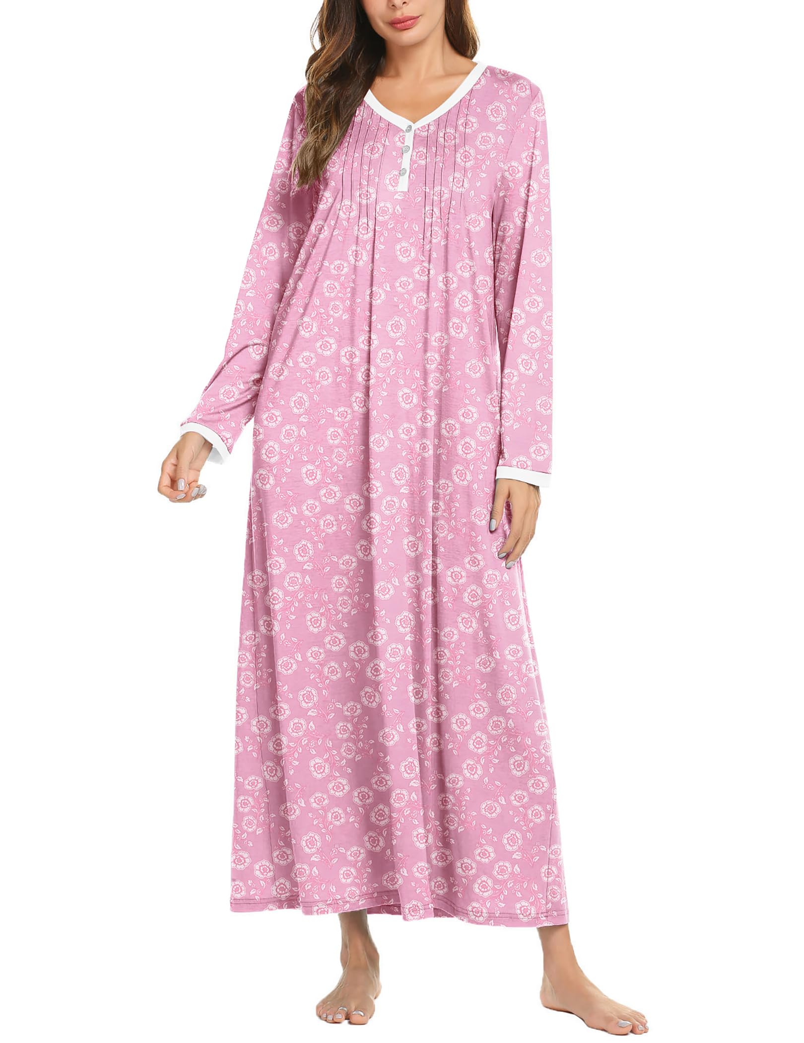 Ekouaer Women's Long Sleeve Nightgown Full Length Sleepwear Long Sleepshirts Henley Sleep Dress S-4XL Image