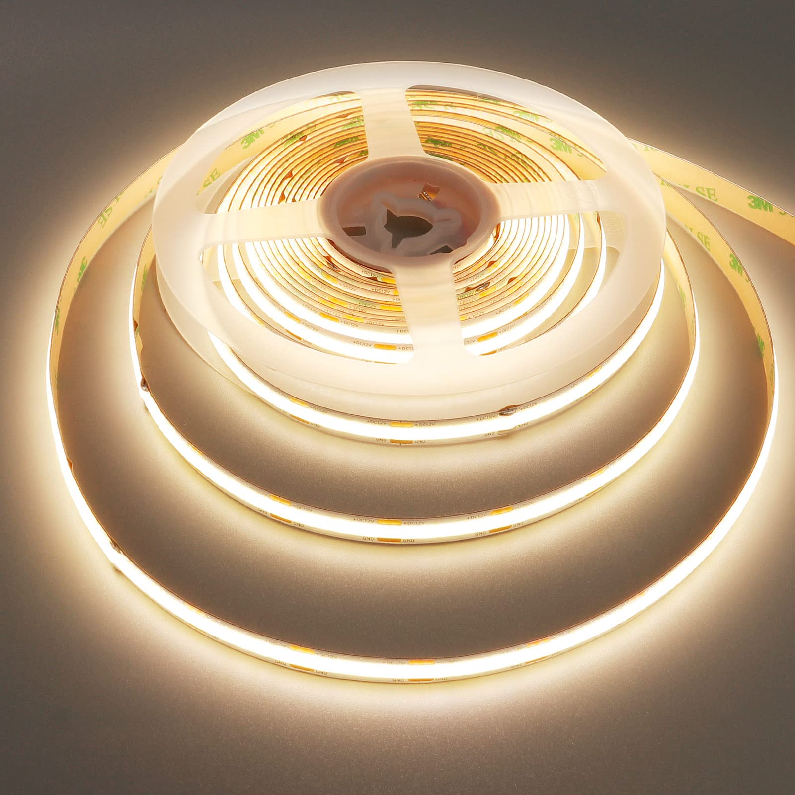 TOPAI 12V COB LED Strip 4000K Natural White 5M Super Bright 4000Lm Dotless CRI>90 480LEDs/M Uniform Indoor Use IP20 Flexible Cuttable for Cabinet Home DIY Lighting Projects