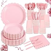 LIYH 350 Pcs Pink Paper Plates and Napkins - 50 Guest Light Pink Party Supplies Include Scalloped Plates Cups Plastic Spoons Forks Knives for Baby Shower Birthday Party