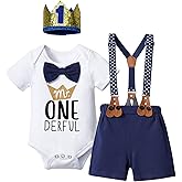 DONWEN Baby Boy First Birthday Outfit Mr Onederful Bowtie Romper + Suspender Shorts+ Party Hat Cake Smash Outfits