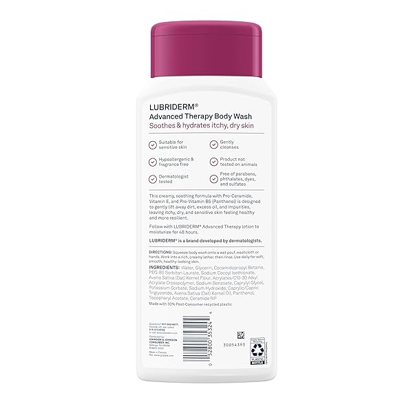 LUBRIDERM ADVANCED THERAPY BODY WASH, UNSCENTED NOURISHING CLEANSER WITH PRO-CERAMIDE, VITAMIN E & PRO-VITAMIN B5 GENTLY CLEANSES ITCHY, DRY SKIN, FRAGRANCE FREE, HYPOALLERGENIC, 16 FL. OZ