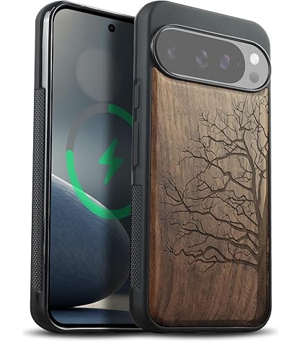 Carveit Funda De Madera Compatible Con Google Pixel 6 Pro Accesorios Carcasa Grabado En Madera E Incrustación De Mejillones Para Pixel 6 Pro Madera Y Silicona Híbrido Carcasa (Nogal-Flores Y Pájaro