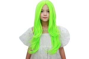 Edivd Neon Green Wig for Kids Girls Long Green Ombre Middle Part Wig Children Light Green Wavy Curly Wig Heat Resistant Synthetic Wig with Wig Cap