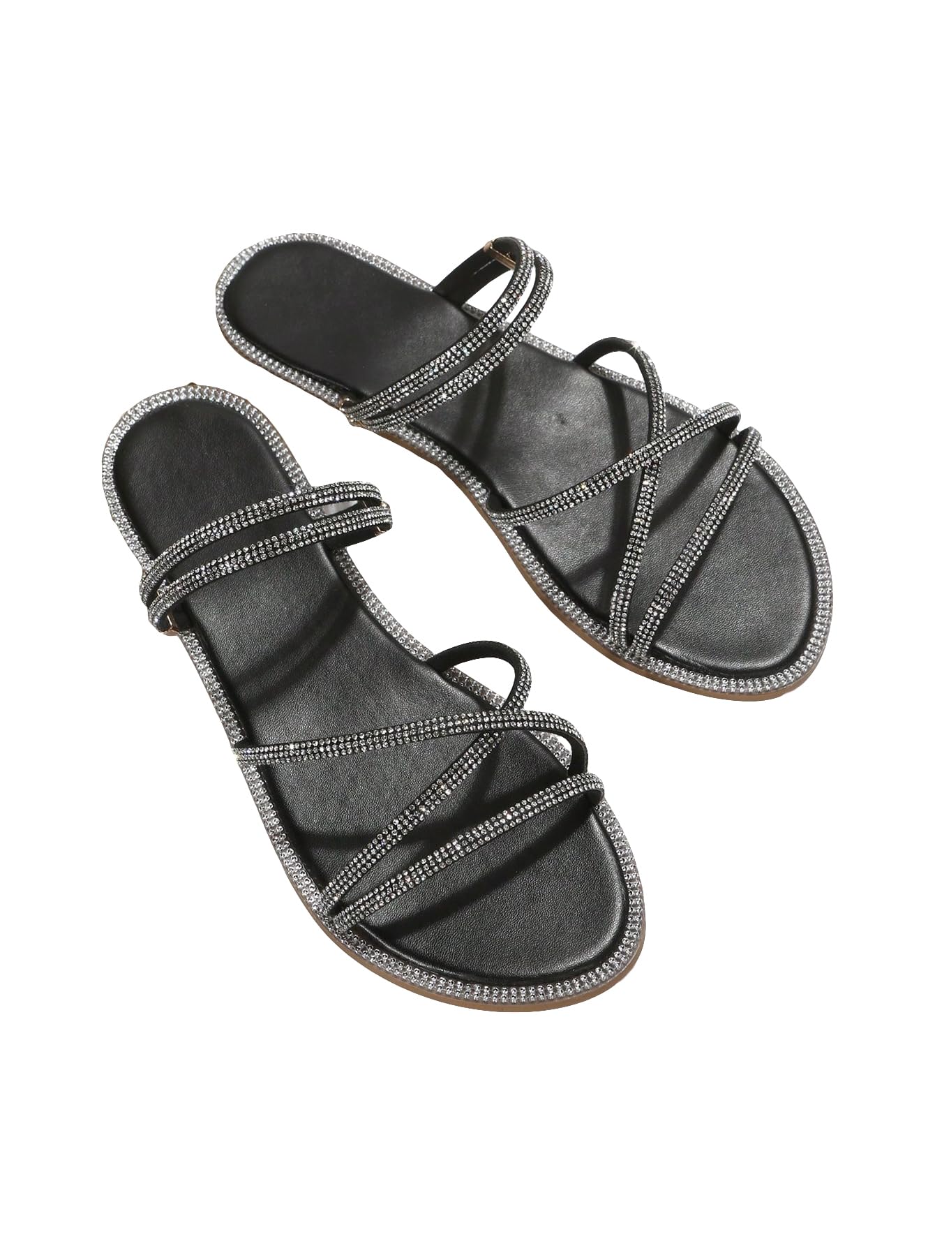 Photo 1 of ***(HEAVILY USED/ MINOR DAMAGE)***OYOANGLE Women's Rhinestone Strappy Open Toe Slide Sandals Slip on Casual Flat Sandals Black 10