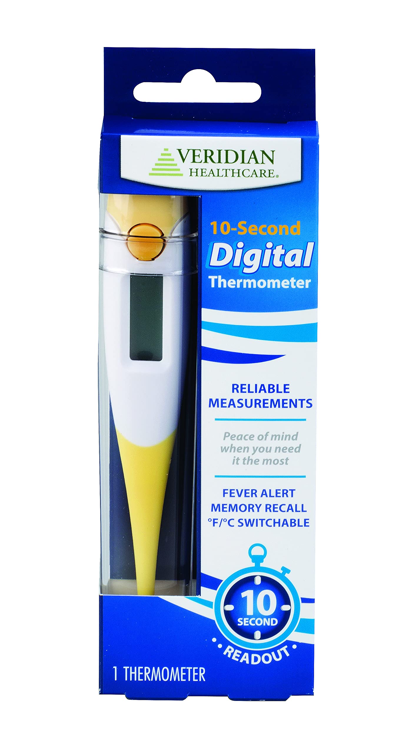 Veridian Digital Thermometer | 10-Second Readout | F C Temperature Modes| Flexible Tip | Hygienic Water-Resistant Easy Cleaning | Storage Case + Instructions Included