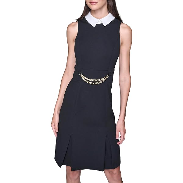 KARL LAGERFELD Paris Women's Sleeveless Gold Buttoned Split Neck Mini  Sheath Dress, Black, 2 at Amazon Women's Clothing store