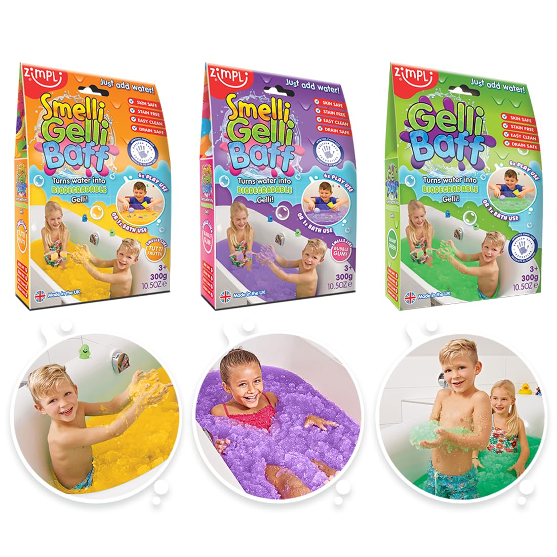 Zimpli Kids 3 x Gelli Baff Tutti Frutti, Bubblegum & Green, Magically turns water into thick, colourful goo, Children's Sensory Bath Toy, Party Bag Fillers, Montessori Toys Gift for Boys & Girls