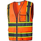 SKSAFETY 10 Pockets Safety Vest, Class 2 High Visibility Security with Zipper Back Mesh, Hi Vis Vest with Reflective Strips, ANSI/ISEA Standard, Construction Work Vest for Men & Women (Orange, XL)