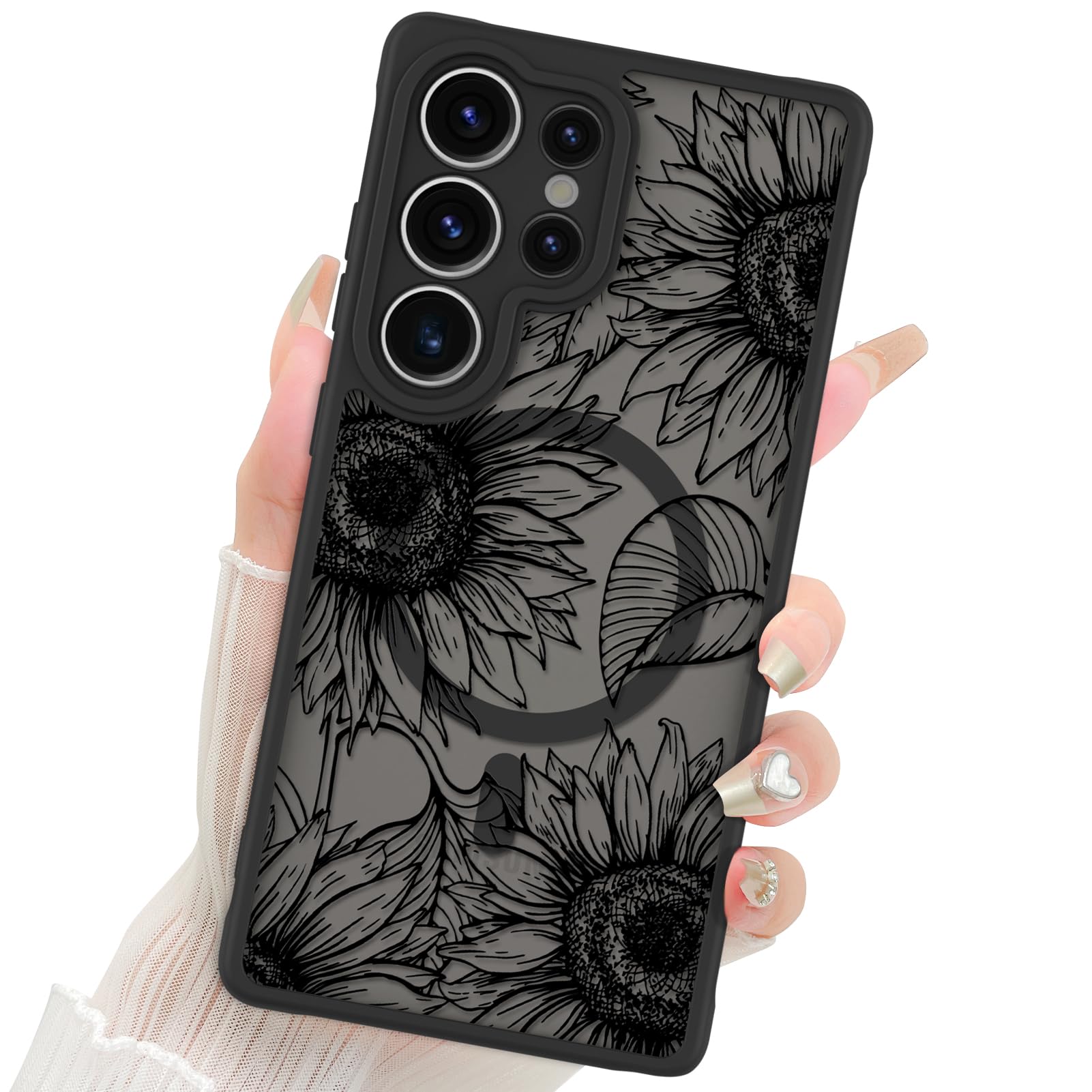 Fiyart Designed for Samsung Galaxy S25 Ultra Case Matte Flowers Design Compatible with MagSafe,Cute Sunflowers Anti-Scratch Translucent Phone Cover for Women Girls 6.8"-Black