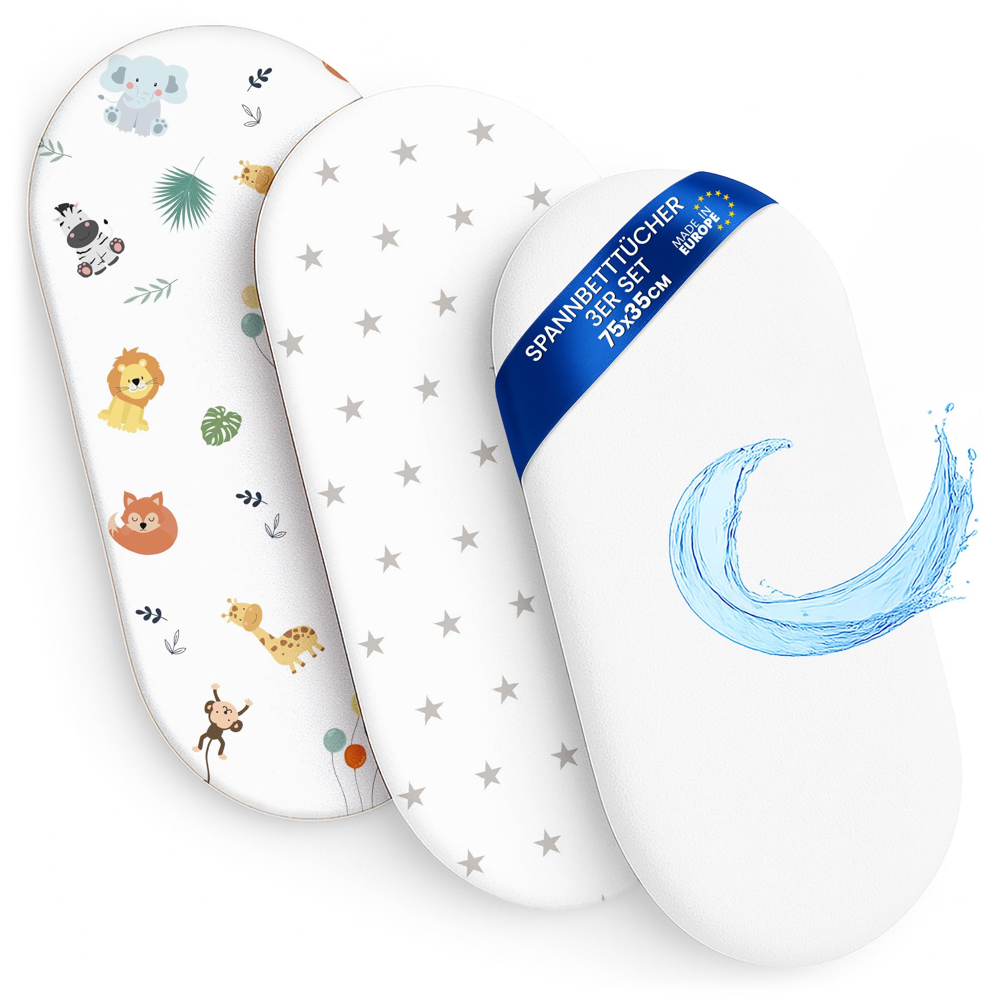 Sheet for Moses Basket Bassinet Crib and Fitted Set of 3: 35x75 cm - 2x Sheets + 1x Waterproof Mattress Protector Set Pram Bed Baby Cot Liner Cover Breathable 35 x 75