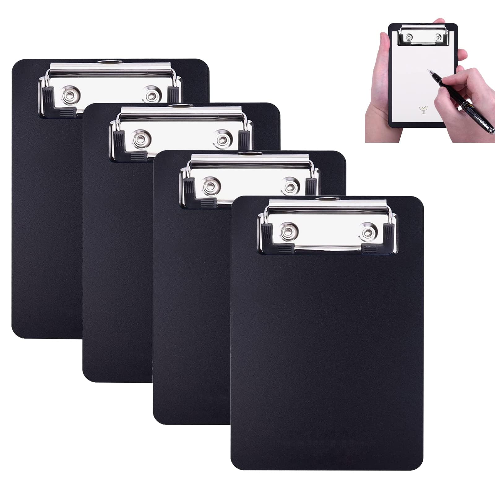 AZWOOD Mini Clipboard A6, 10 x 15 cm Plastic Clipboard, Small Clipboards with Pen Holder for Notepads, Receipts, Pocket Lists (Black, Pack of 4)