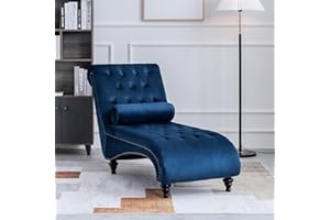 ONPNO Tufted Velvet Chaise Lounge Indoor, Leisure Accent Chair Upholstered Couch with Toss Pillow for Bedrooom Living (Blue)