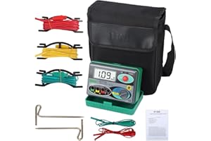 DUOYI Digital Earth Ground Resistance Tester,0-2000 ohm Meter Earth Resistance Tester,Overload Protection AC Ground Voltage Meter with 6Pcs 1.5V Battery,Tool Bag