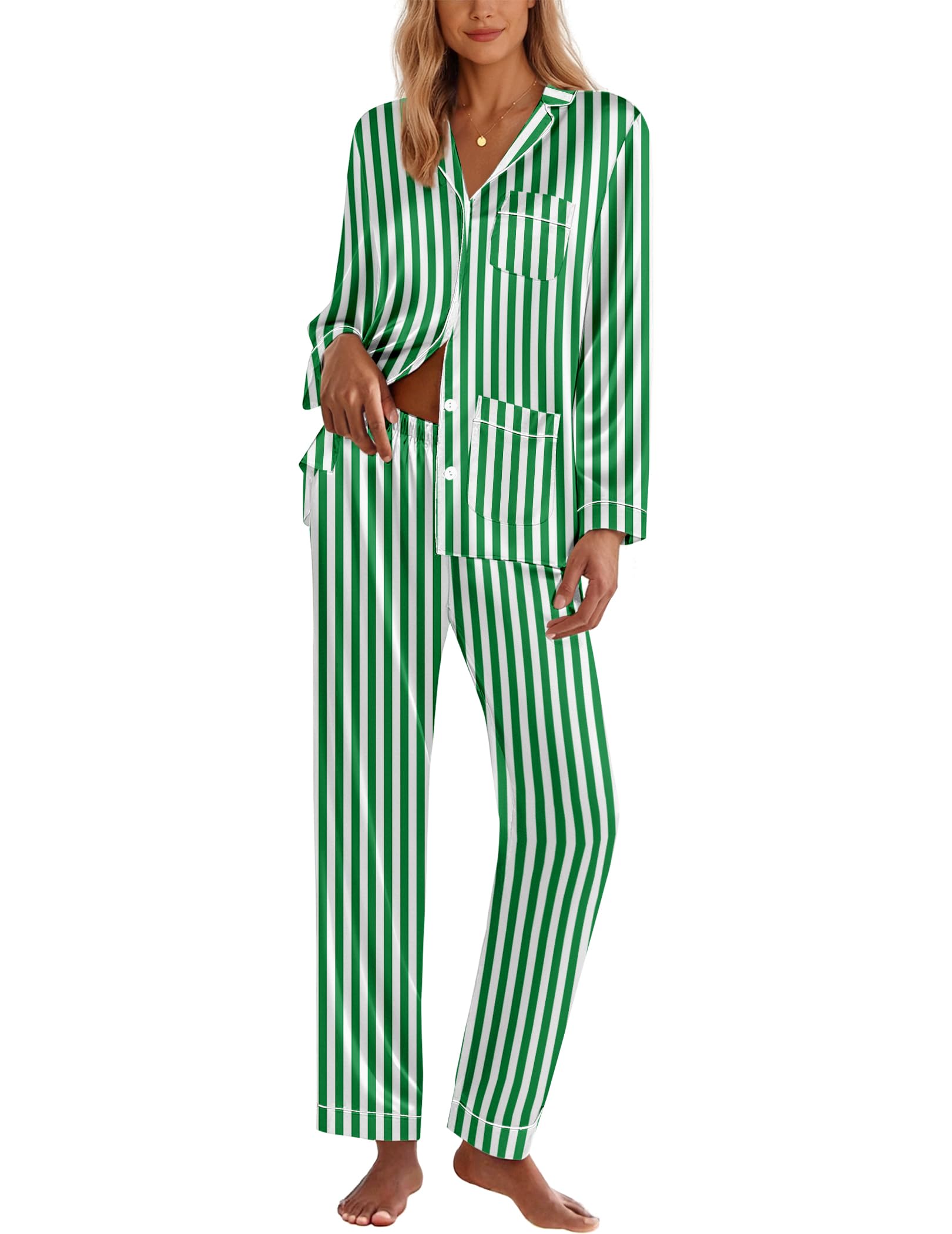 Ekouaer Silk Pajamas for Women Classic Button Down Satin Pajama Sets Long Sleeve Lounge Set Image