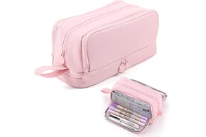 MAMUNU Large Capacity Pencil Case 4 Compartments, Pencil Case with Zipper Portable Handle, Aesthetic Pencil Case Stationery Organizer for Office College School Teen Girl Boy Men Women (Pink)